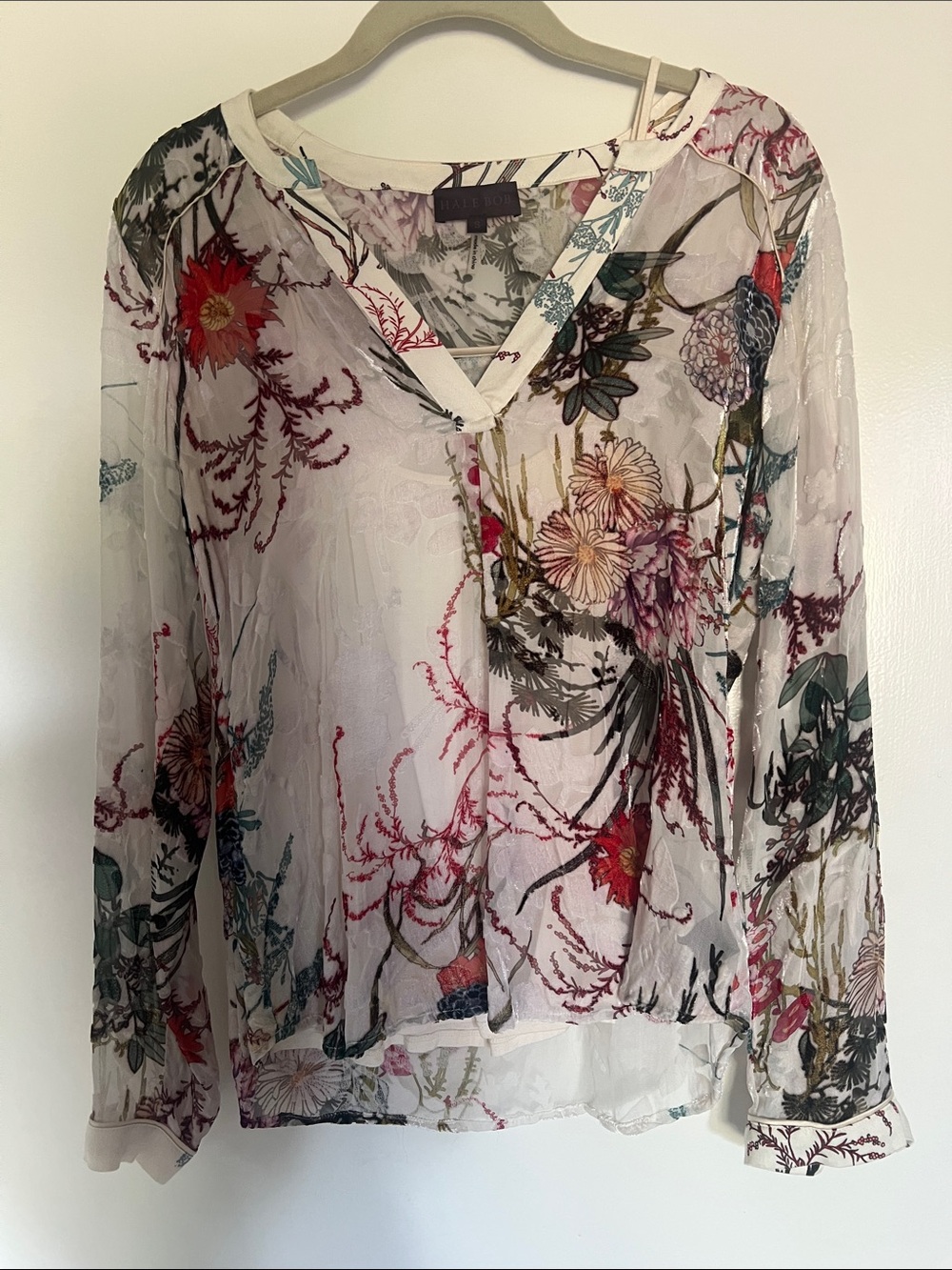 Hale Bob Sheer Floral V-Neck Blouse - White with Red, Green & Pink Flowers